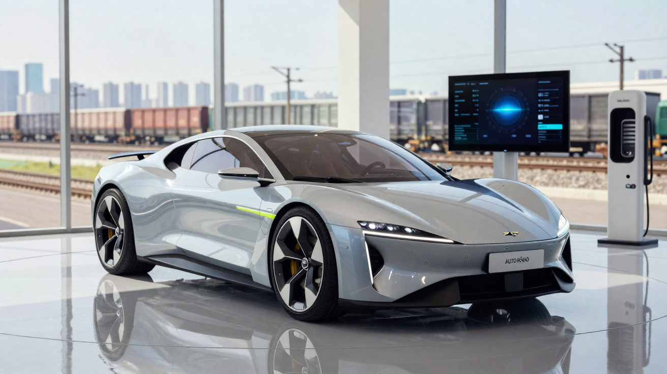 Carro esportivo elétrico cinza em showroom moderno com estação de carregamento e tela digital ao fundo.