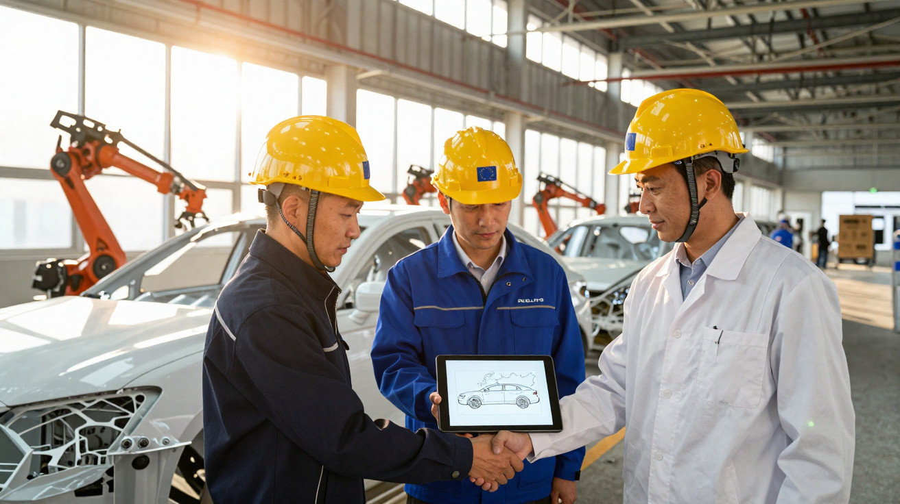 Três engenheiros com capacetes amarelos em linha de montagem automotiva seguram tablet com desenho de carro.