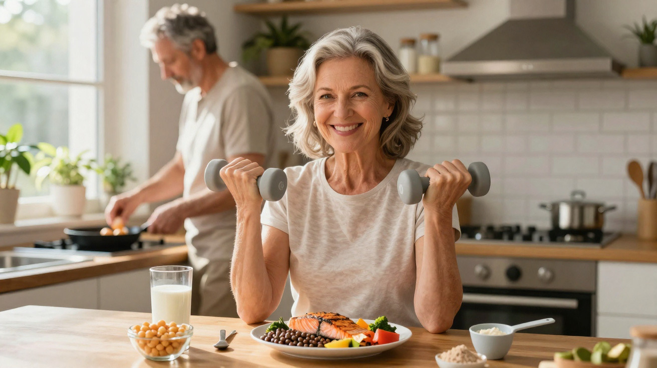 Mulher sorrindo faz exercícios com halteres na cozinha, com refeição saudável e homem preparando comida ao fundo.