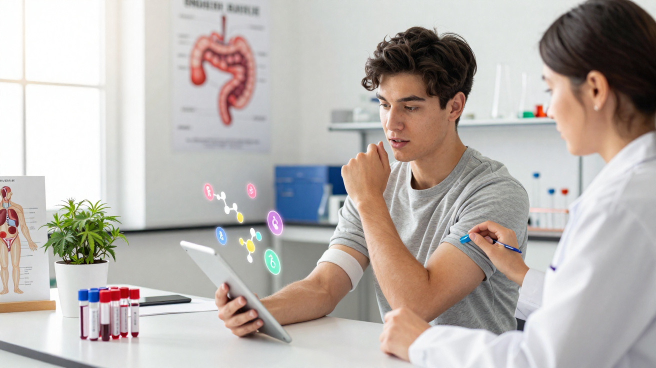 Paciente jovem recebendo aplicação de vacina no braço em consulta médica com tablet na mão.