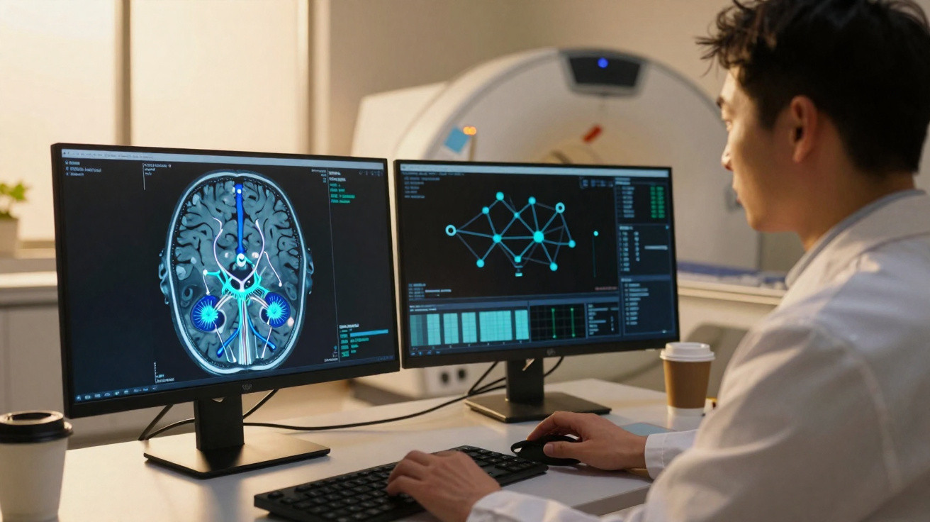 Profissional analisando exames cerebrais em monitores ao lado de equipamento de ressonância magnética.