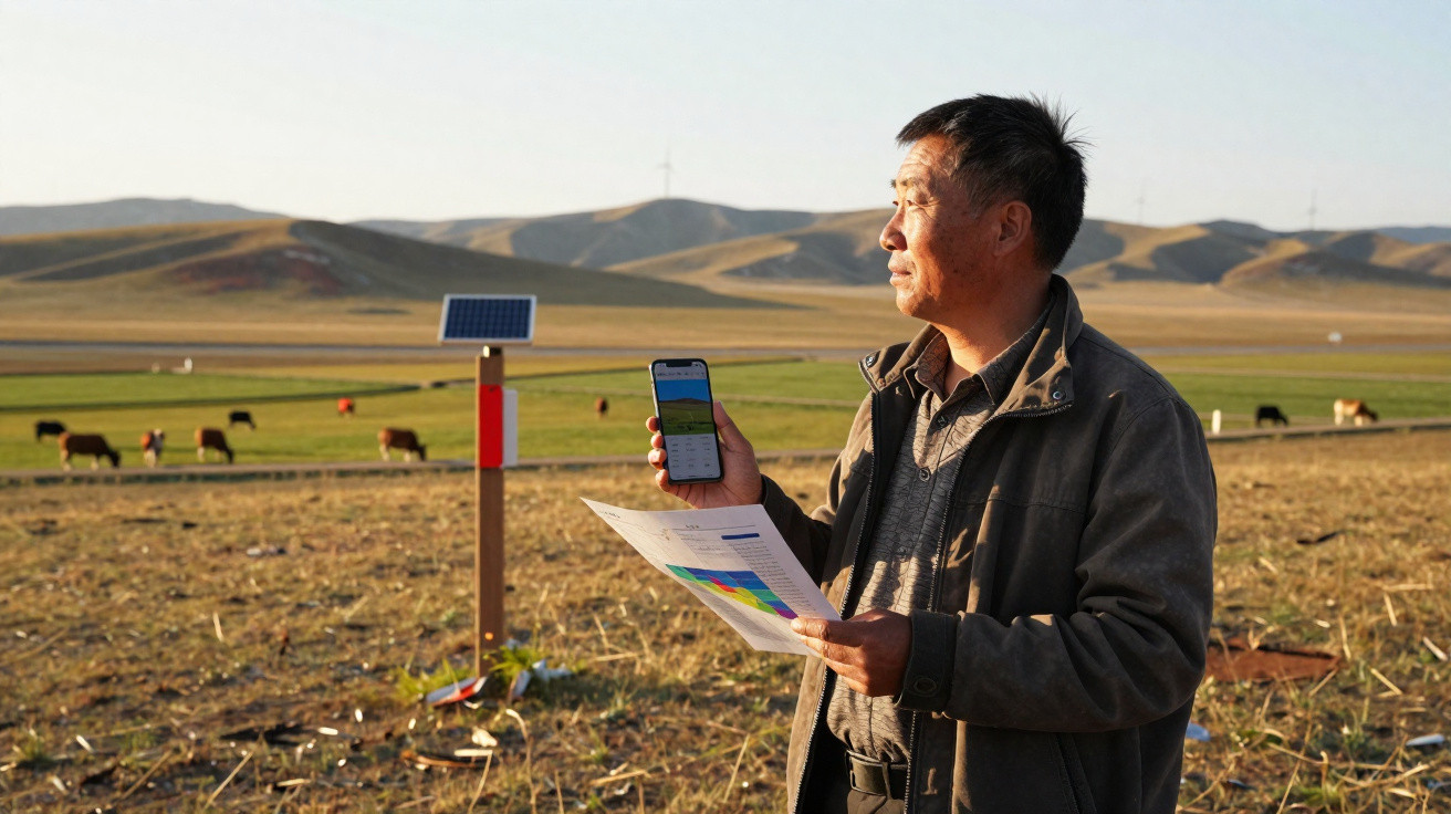 Homem no campo usando celular e segurando gráfico com vacas e painéis solares ao fundo.
