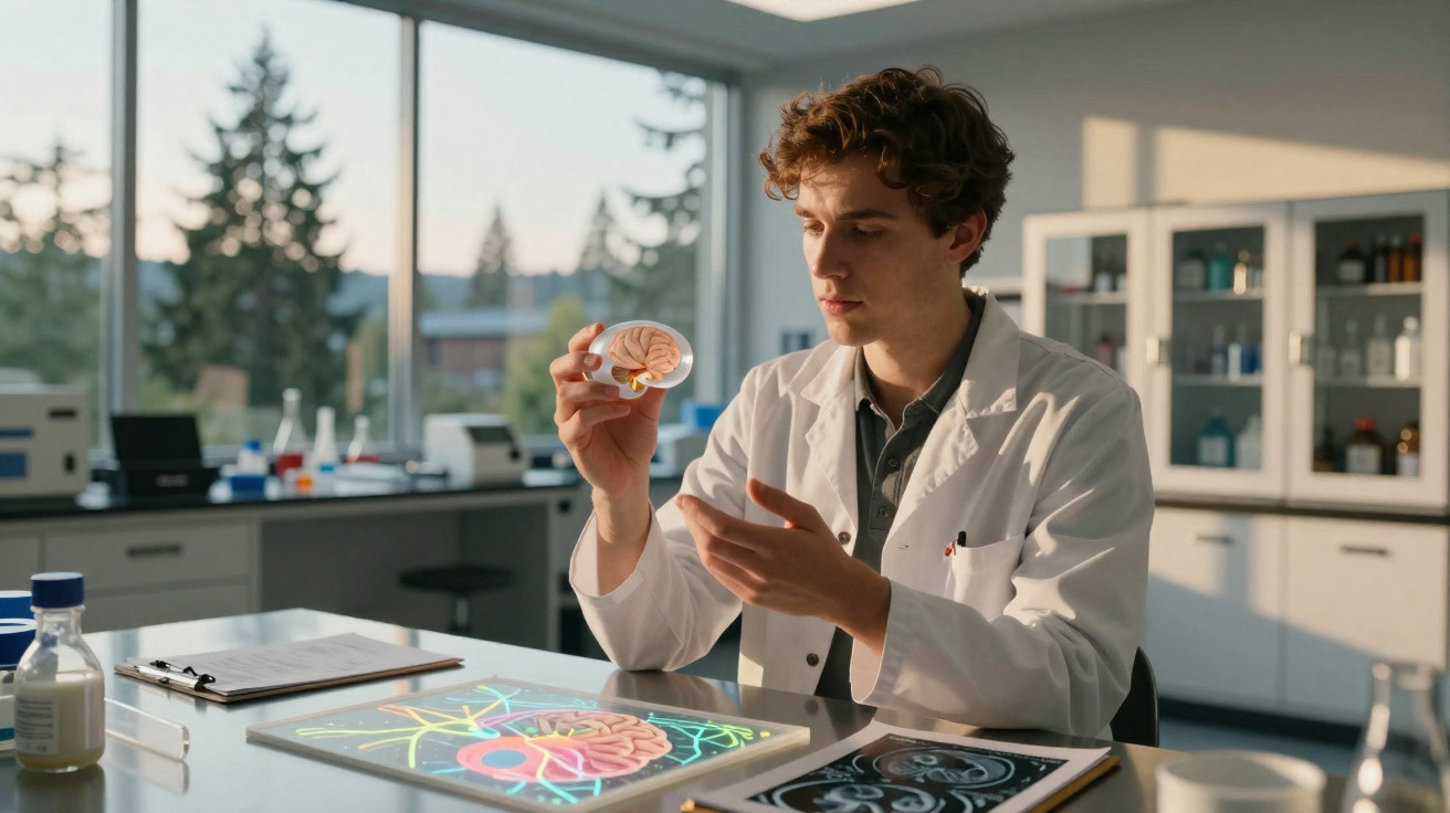 Jovem cientista em laboratório analisando modelo anatômico do cérebro humano em ambiente iluminado.