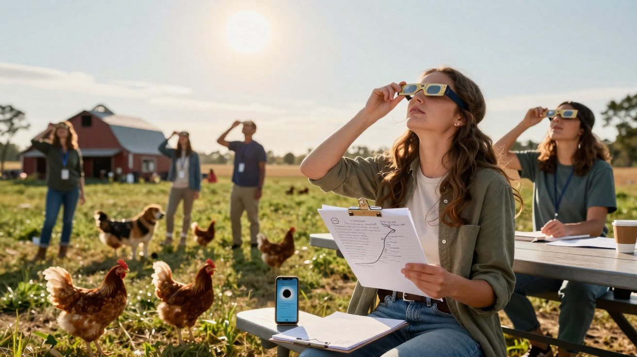 Pessoas observando eclipse solar com óculos especiais em uma fazenda com galinhas ao redor em dia ensolarado.