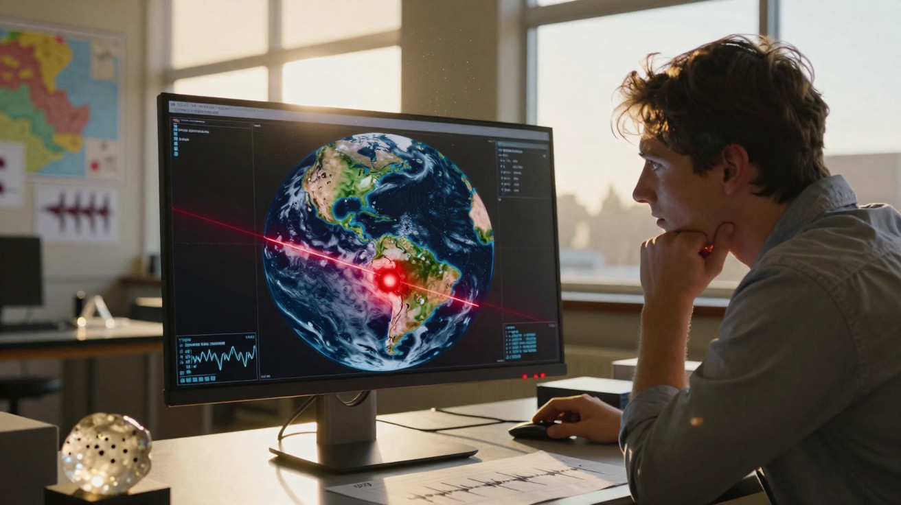 Homem analisando mapa digital da Terra com ponto vermelho brilhante em um computador em escritório iluminado.