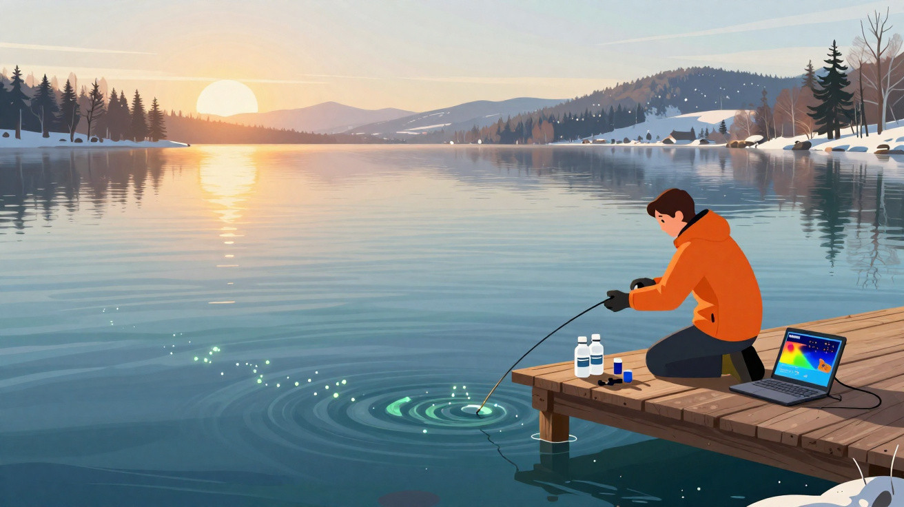 Pessoa pescando no pôr do sol em um lago cercado por árvores e montanhas com neve.
