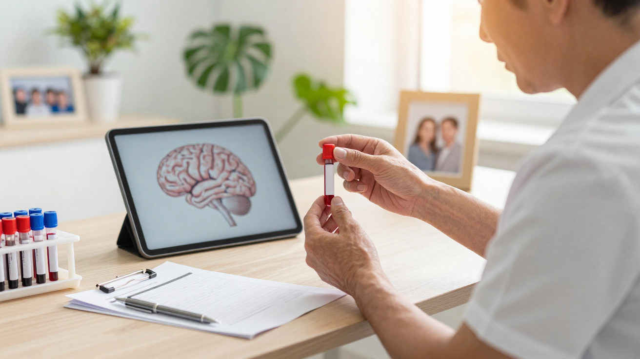 Profissional de saúde analisando amostra de sangue com imagem de cérebro em tablet ao fundo em ambiente claro.