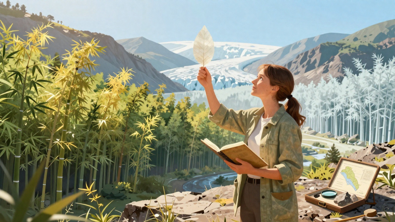 Mulher estudando a natureza com folha, livro e mapas em paisagem montanhosa com floresta e rio.