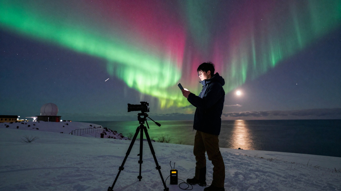 Pessoa com roupas de inverno usa celular perto de câmera em tripé, com aurora boreal e lua ao fundo na neve.