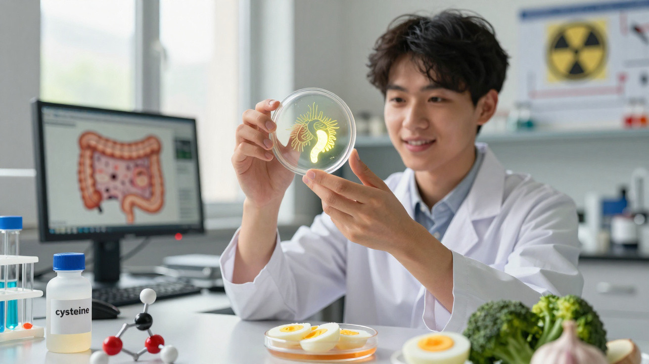 Cientista em laboratório observa cultura em placa de petri com imagens de intestino e alimentos saudáveis ao redor.