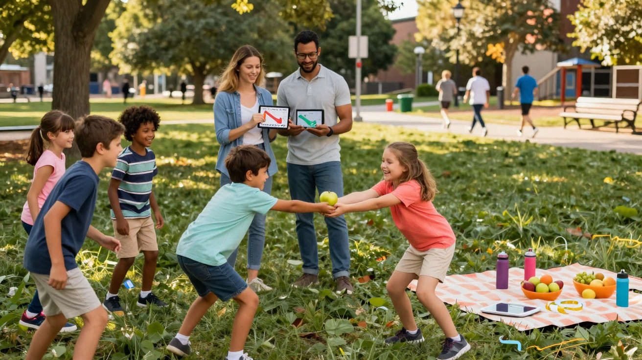 Crianças brincando de cabo de guerra com maçã em parque, enquanto adultos observam com tablets.