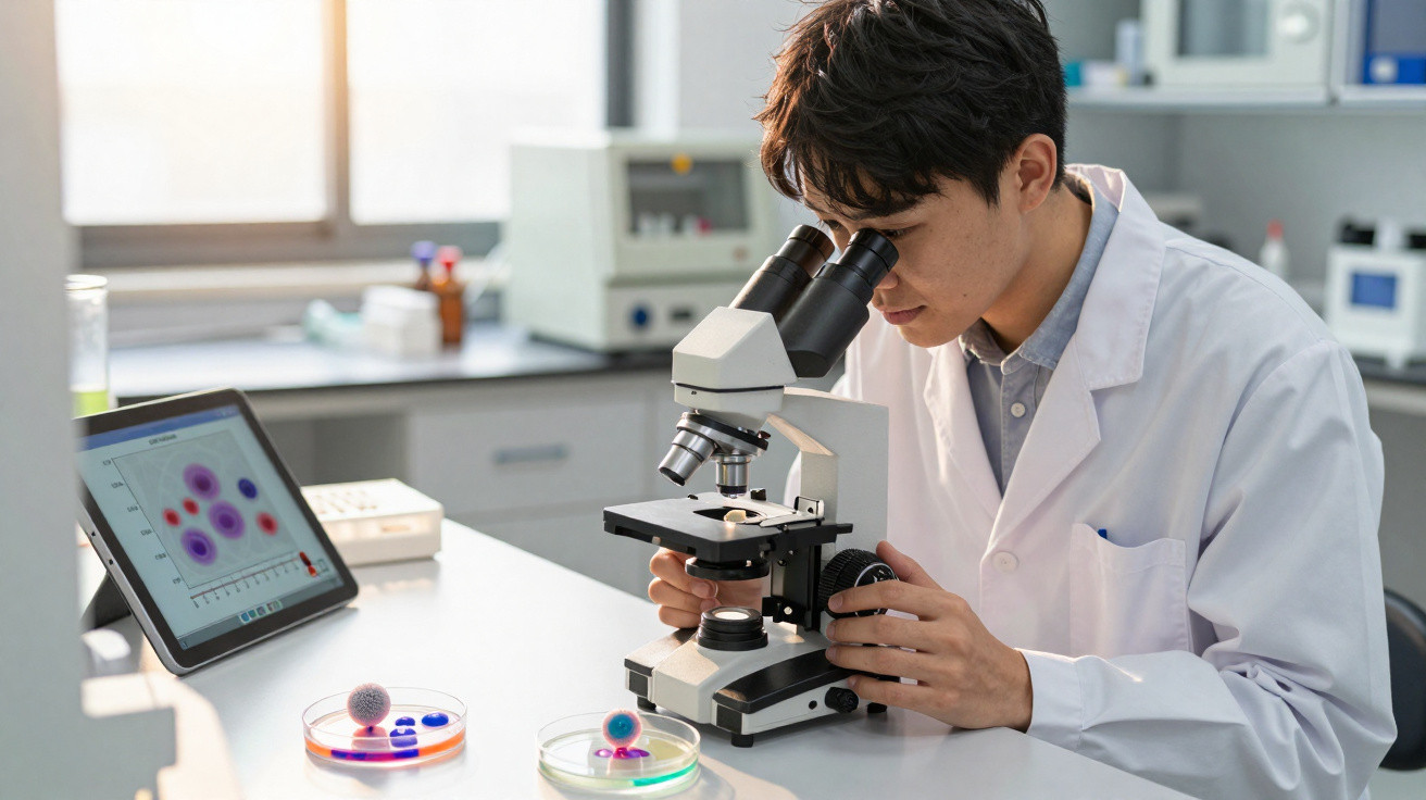 Cientista jovem em jaleco observa amostra no microscópio em laboratório moderno com tablet próximo.
