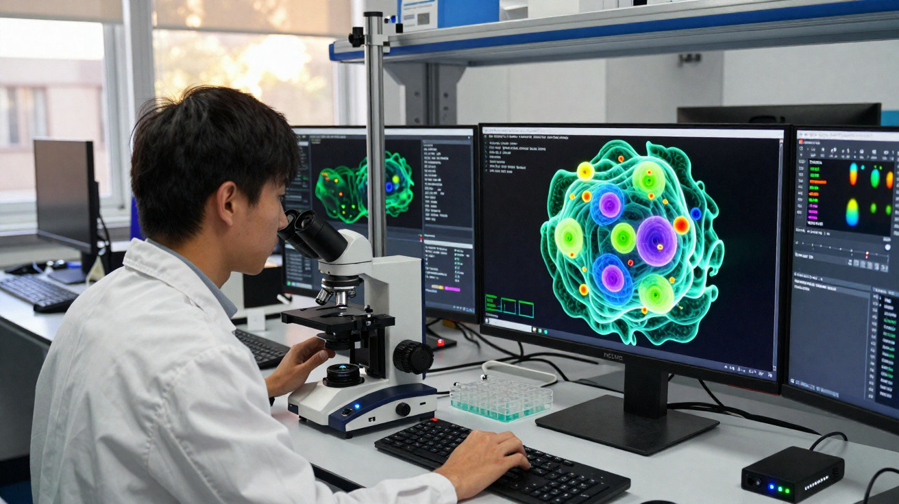 Cientista em laboratório usa microscópio e computador para analisar imagem digital de célula colorida.
