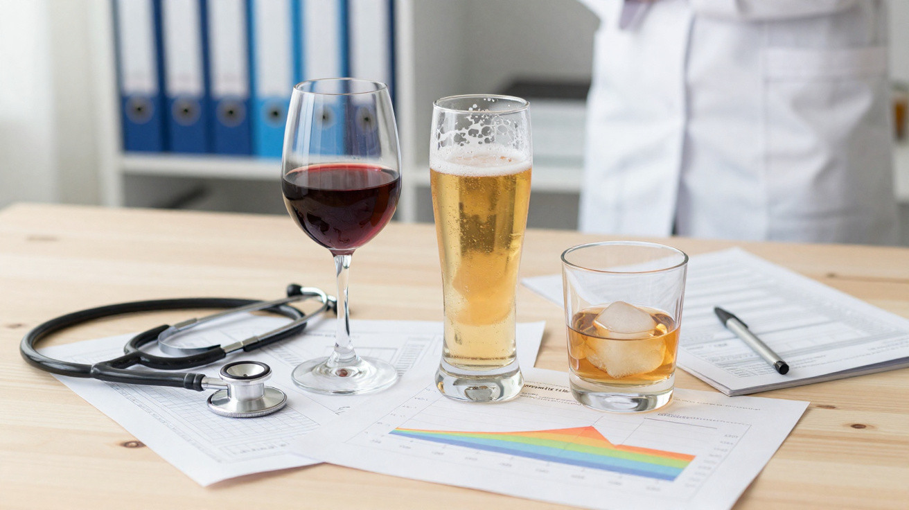 Estetoscópio ao lado de taça de vinho, copo de cerveja e copo de uísque sobre documentos médicos em mesa.