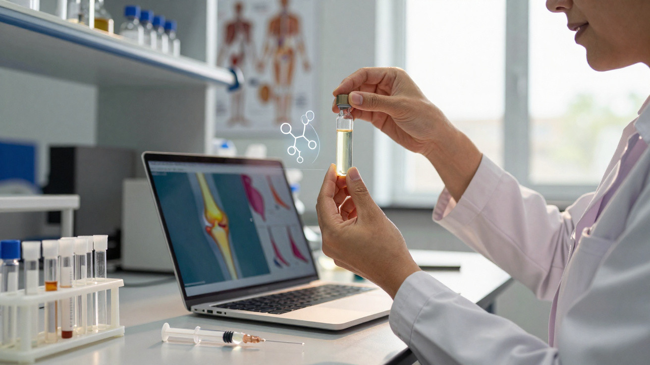 Pesquisadora segura tubo de ensaio com líquido amarelo em laboratório com laptop mostrando imagens de anatomia.