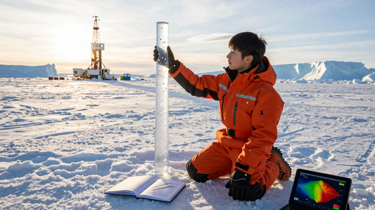 Pesquisador em roupa laranja analisa amostra de gelo na neve com equipamentos científicos ao redor.