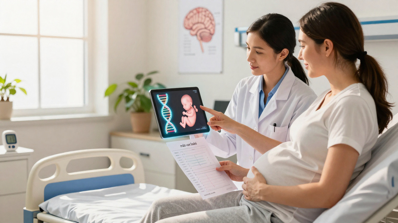 Médica explica ultrassom digital para gestante em consulta médica no consultório.