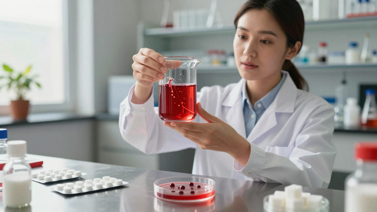 Mulher cientista em jaleco segurando béquer com líquido vermelho em laboratório.
