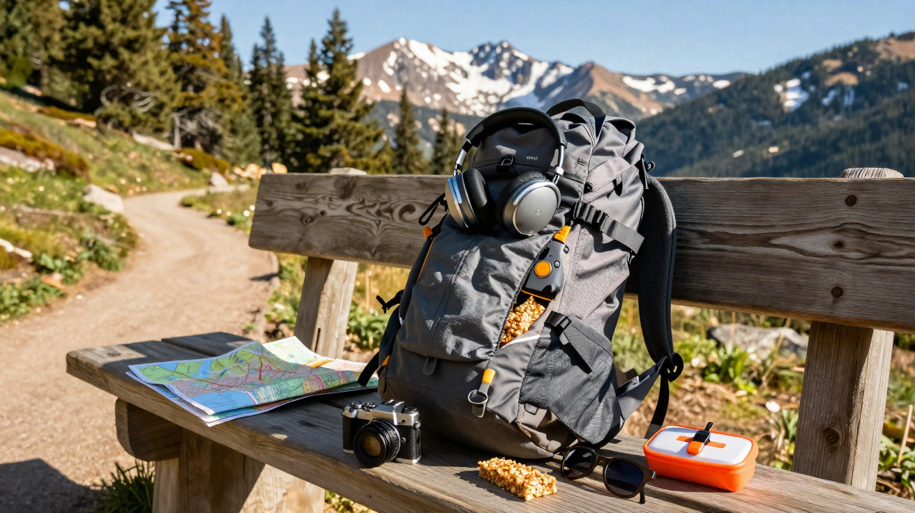 Mochila com fones, câmera, mapa, óculos e barra de cereal em banco de madeira na montanha com neve ao fundo.