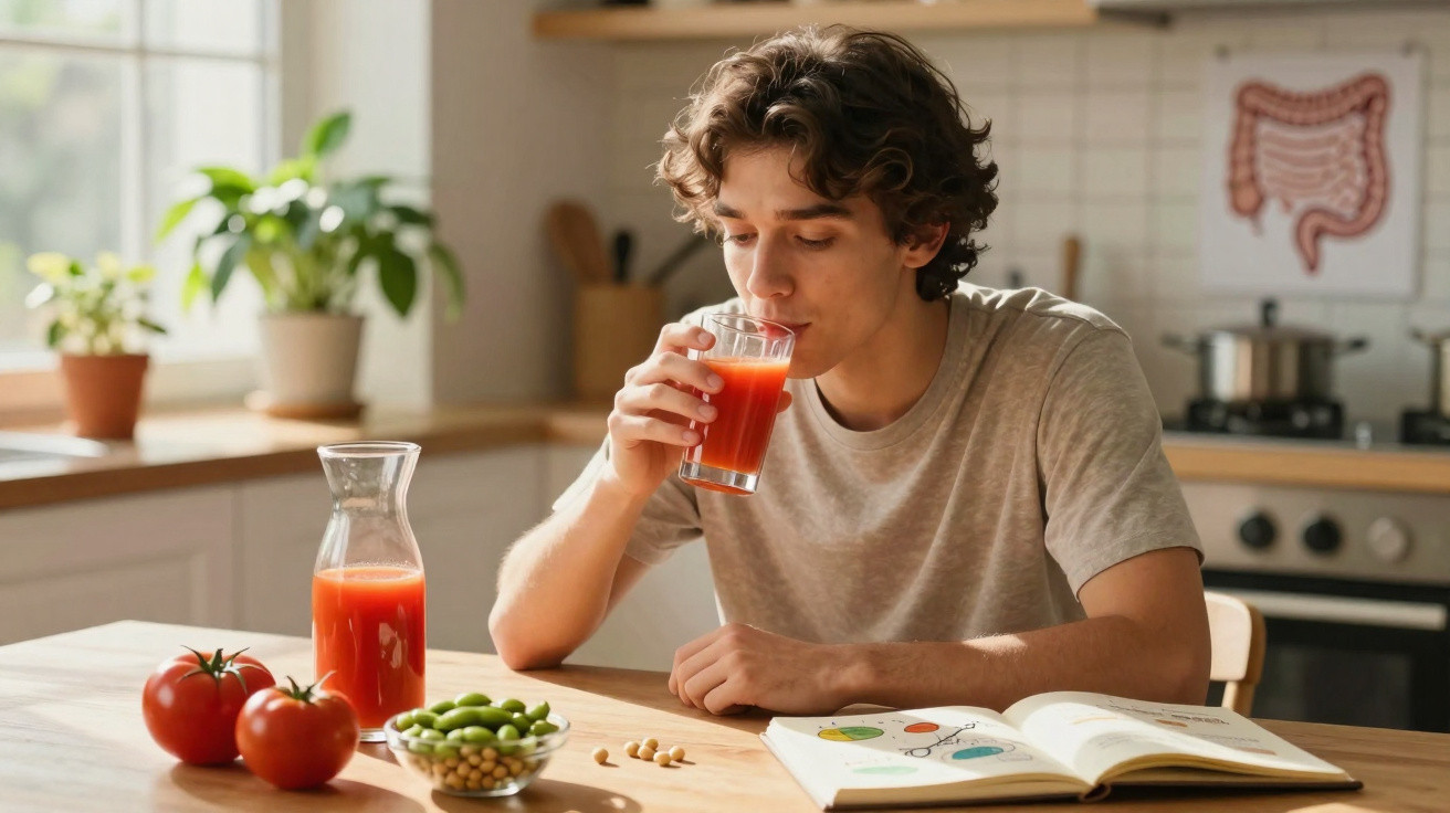 Jovem bebendo suco de tomate na cozinha com tomates, legumes e livro aberto na mesa.