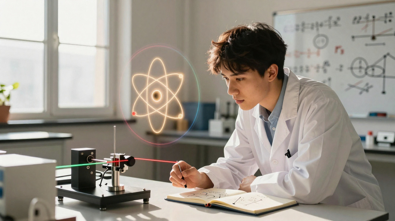 Jovem cientista em jaleco observando experimento com laser e anotando em caderno no laboratório.