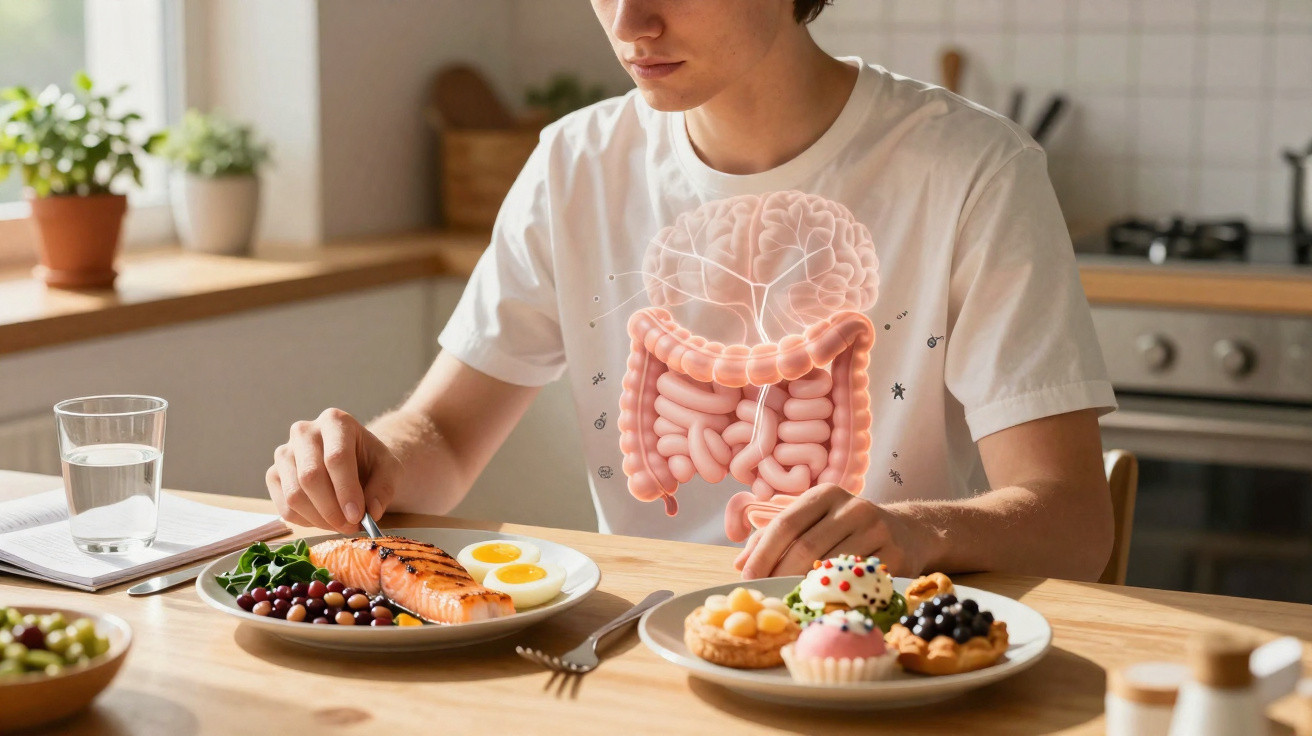 Jovem sentado com imagem digital do sistema digestivo vestindo camiseta, escolhendo entre comida saudável e doces.