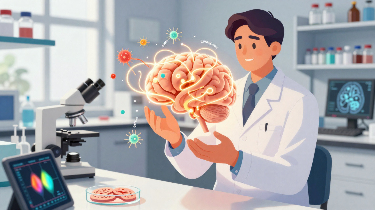 Cientista em laboratório segurando cérebro digital com vírus e conexões neuronais ao redor.