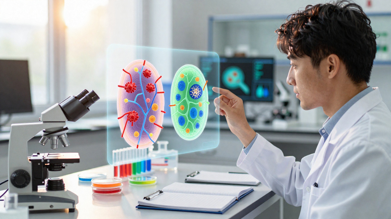 Cientista analisando imagens digitais de células em laboratório com microscópio e tubos de ensaio coloridos.
