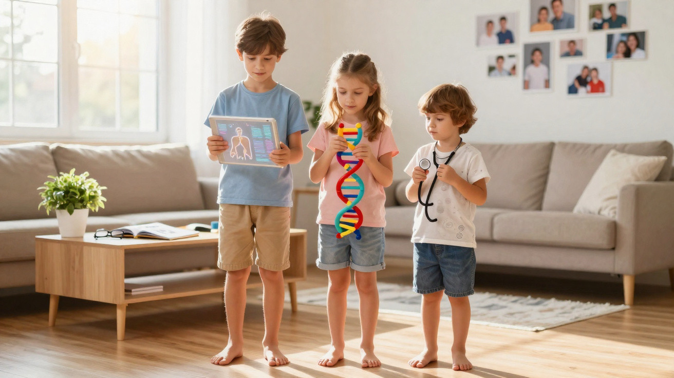 Três crianças brincando de médico em casa, uma segura tablet, outra modelo de DNA, a terceira estetoscópio.