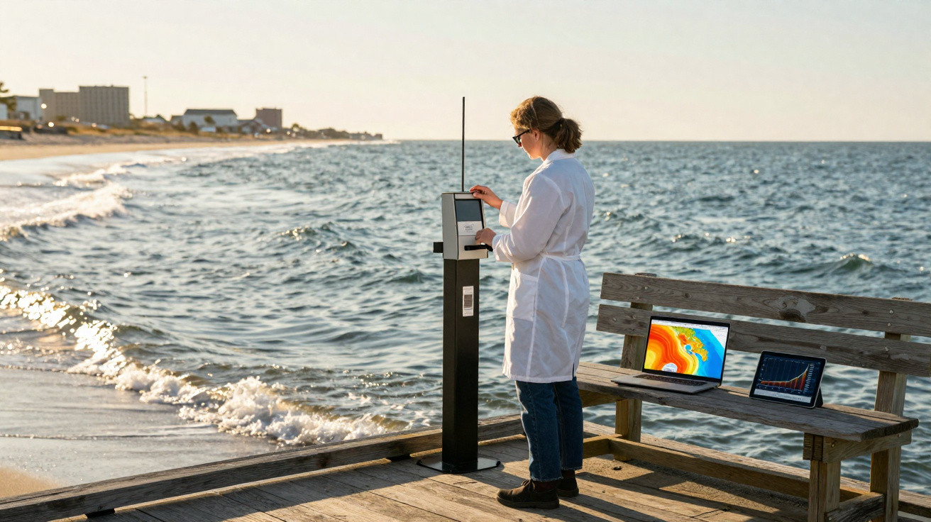 Pesquisadora com jaleco operando equipamento científico em pier na beira da praia com dois laptops em banco de madeira.