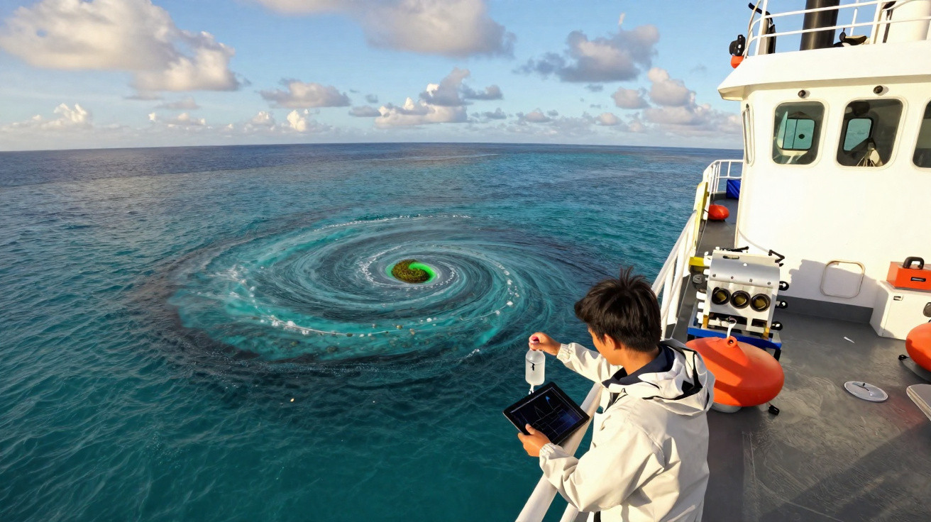 Pessoa em navio observando e coletando amostra de água próximo a redemoinho marinho azul.