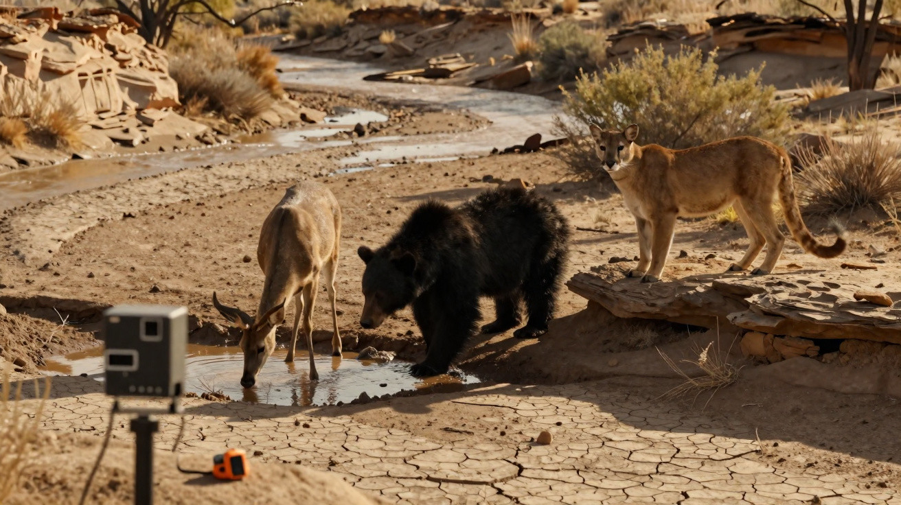 Veado, urso e puma bebendo água em riacho seco no deserto com câmera no canto esquerdo.