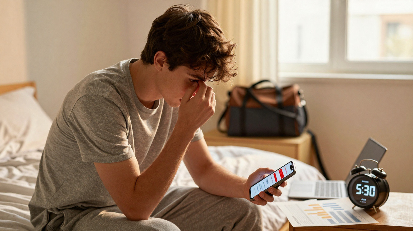 Jovem preocupado olhando celular sentado na cama ao lado de relógio digital marcando 5:30 e gráficos.