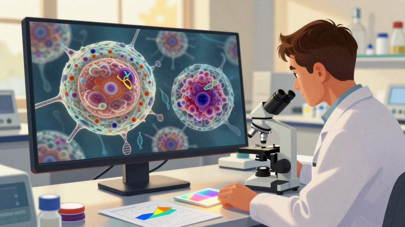 Cientista observa células em microscópio com imagens de células em tela de computador no laboratório.