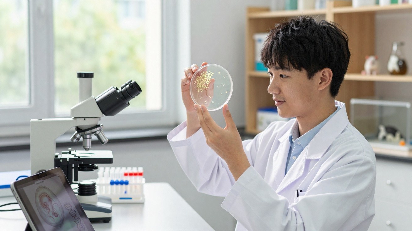 Cientista jovem analisando placa de Petri com colônias em laboratório com microscópio e laptop ao lado.
