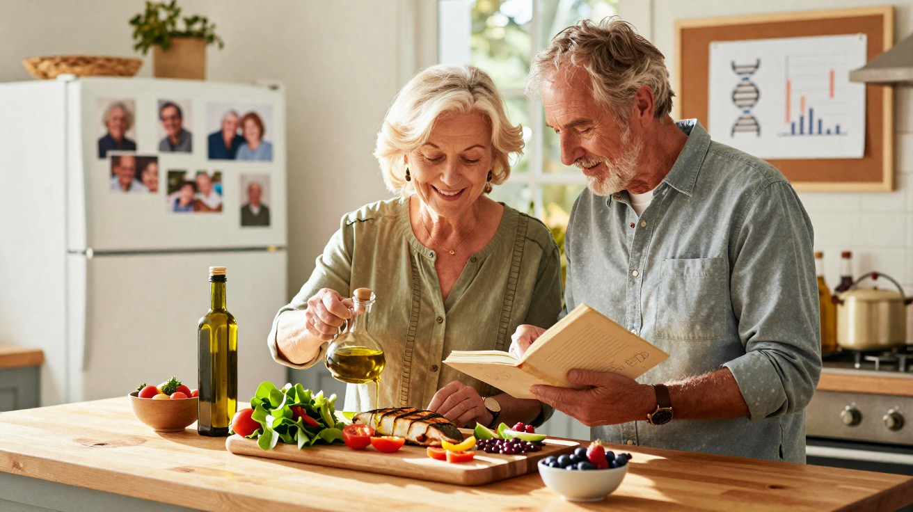 Casal idoso preparando salada juntos na cozinha com livro de receitas e ingredientes frescos na bancada.