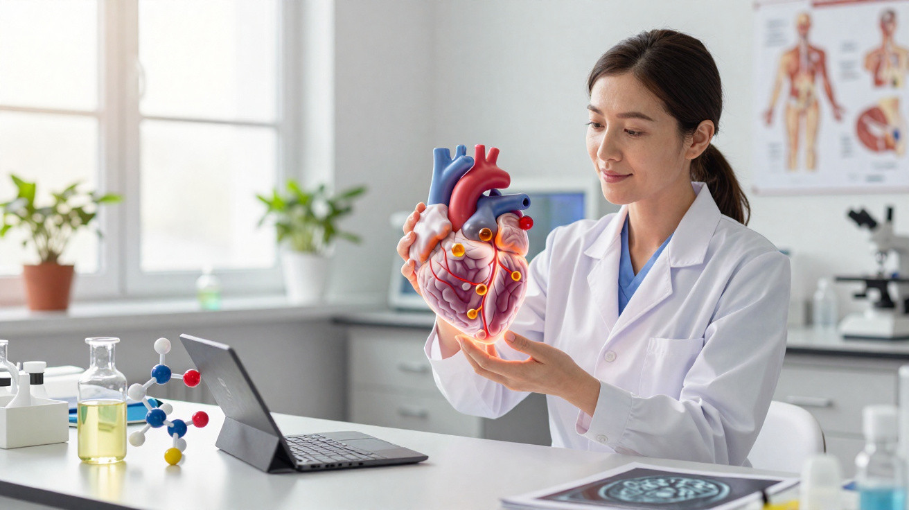Pesquisadora em laboratório segurando modelo digital de coração humano detalhado para estudo.