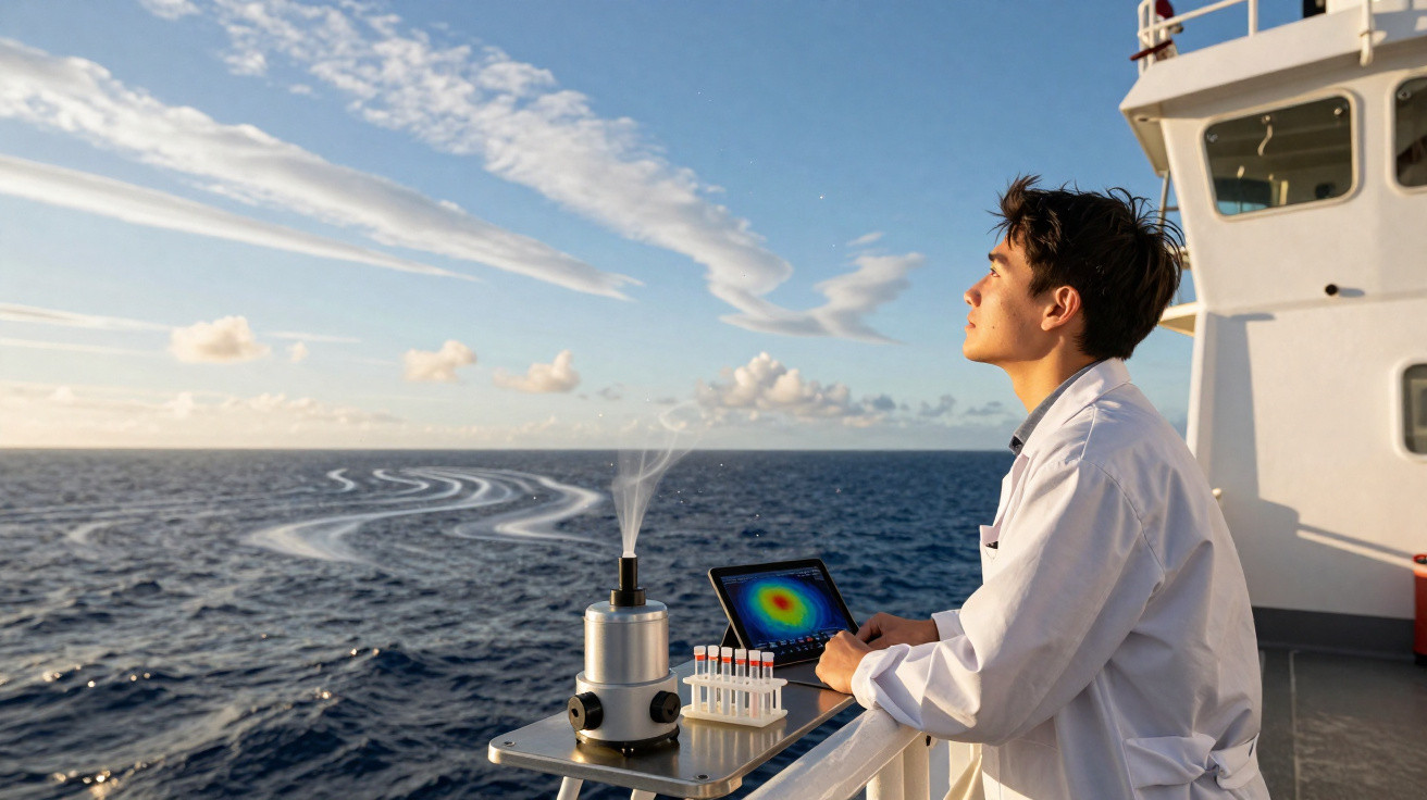 Cientista em jaleco observa o mar enquanto realiza experimento com equipamentos em navio ao pôr do sol.