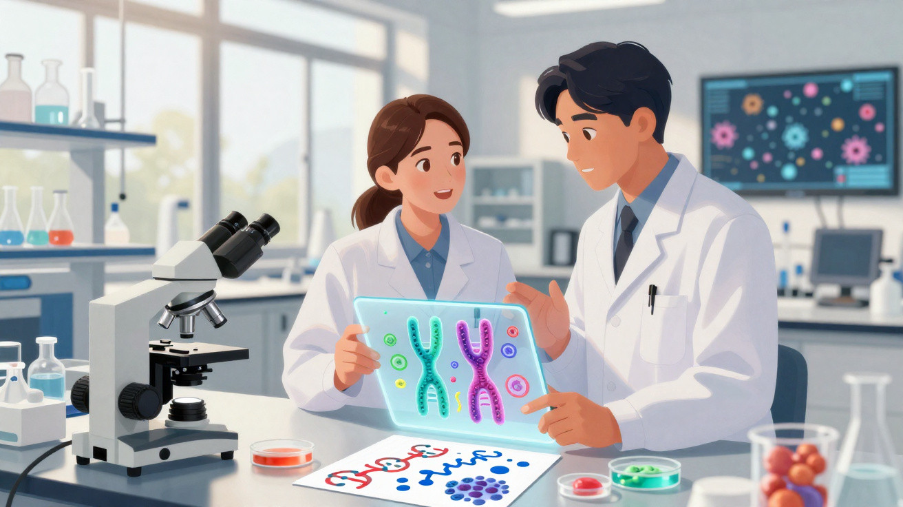 Dois cientistas analisando imagens genéticas em tela digital dentro de laboratório moderno.