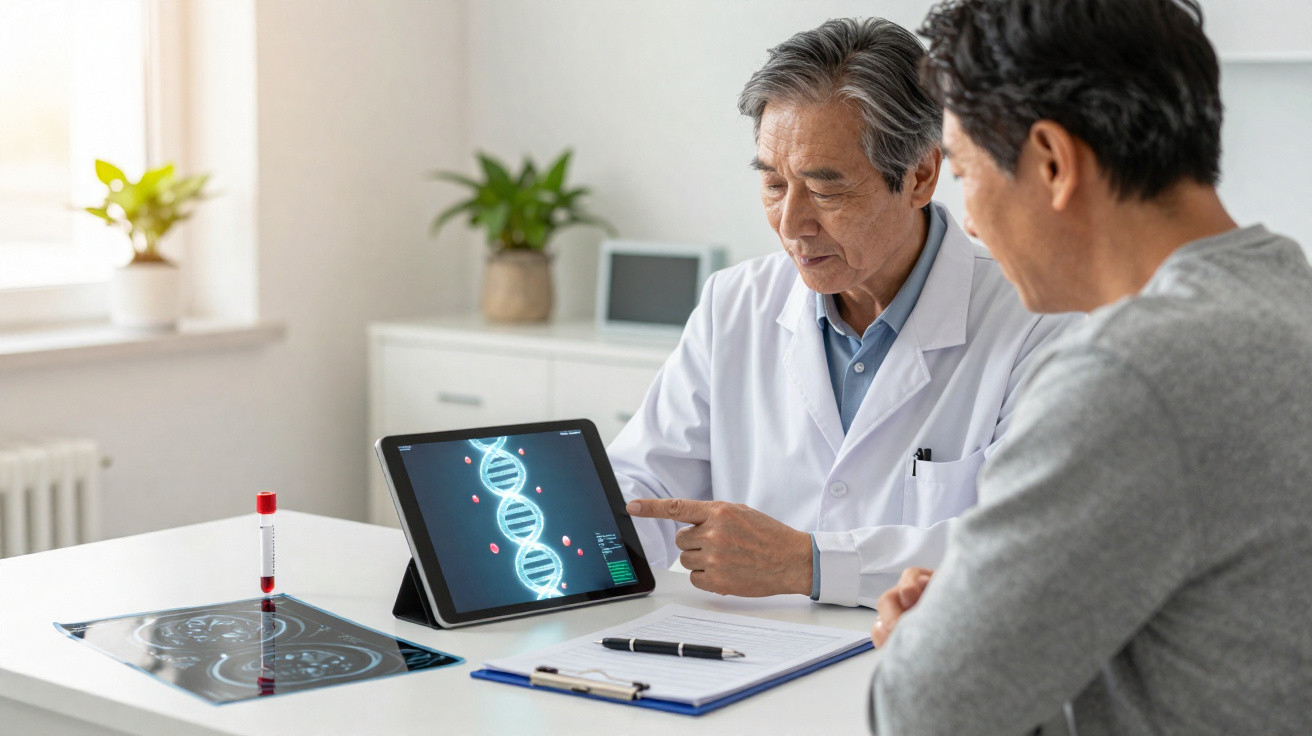 Médico mostrando exame de DNA em tablet para paciente em consultório moderno e iluminado.