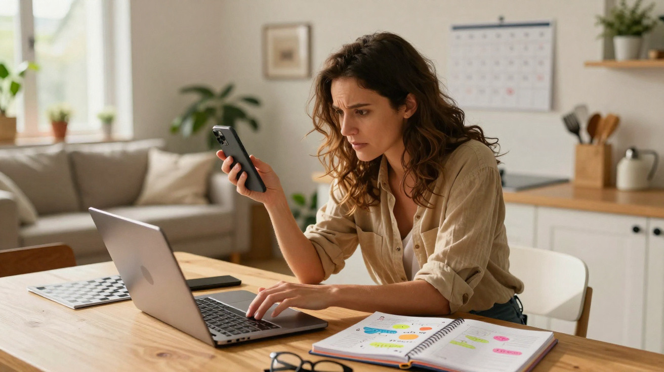 Mulher preocupada usando celular e notebook ao trabalhar em mesa com agenda e óculos.