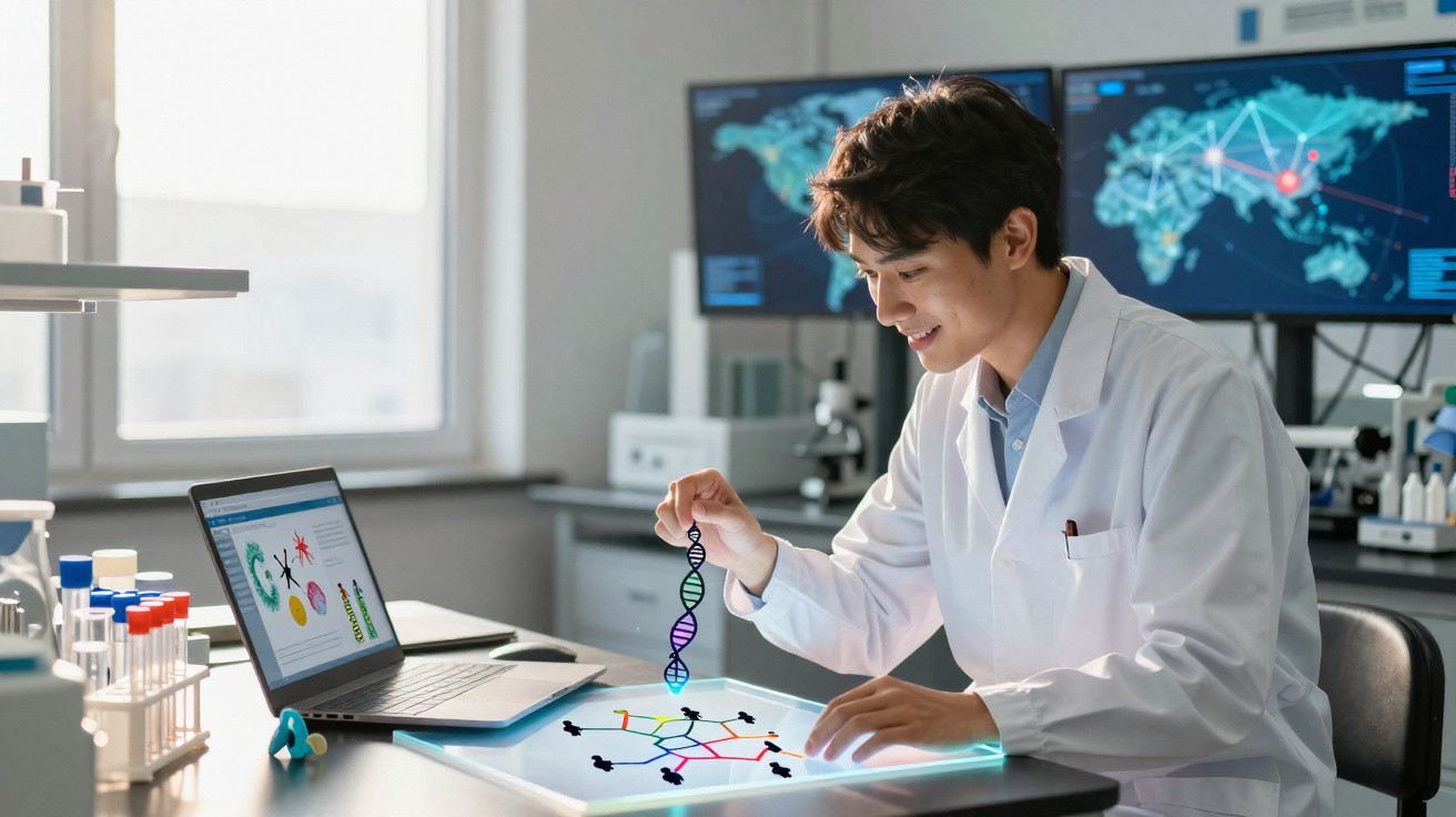Cientista em laboratório analisando modelo de DNA holográfico com computador e mapas digitais ao fundo.