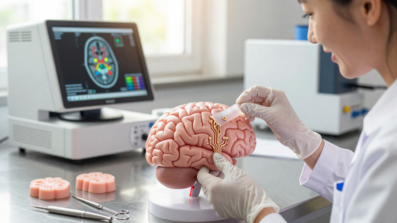 Pesquisadora em laboratório aplica circuito eletrônico em modelo de cérebro humano com scanner cerebral ao fundo.