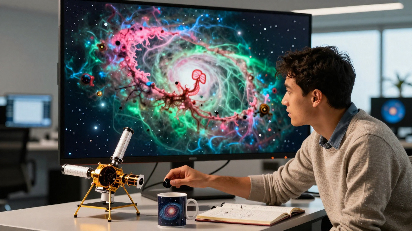 Homem observando imagem colorida de galáxia em tela curva, com mini telescópio e caderno à frente.