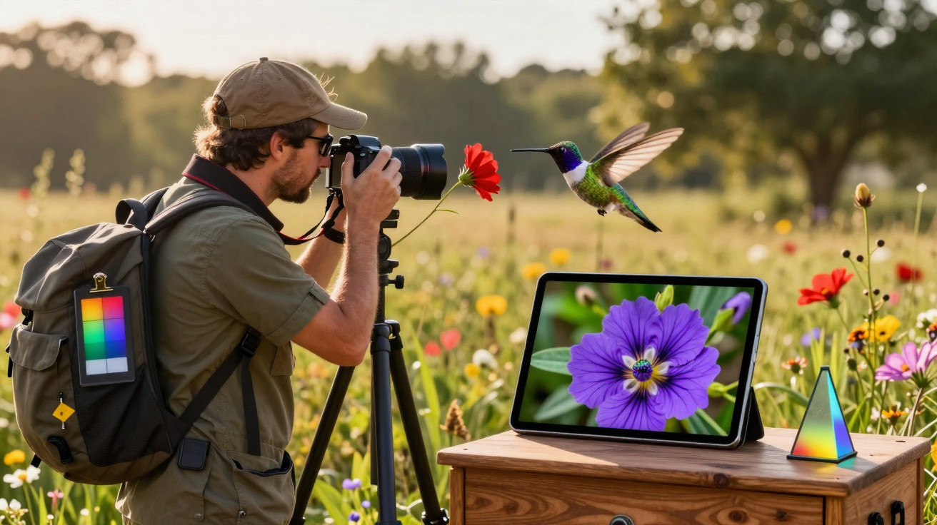 Fotógrafo tirando foto de beija-flor e flor vermelha em campo florido ao ar livre.