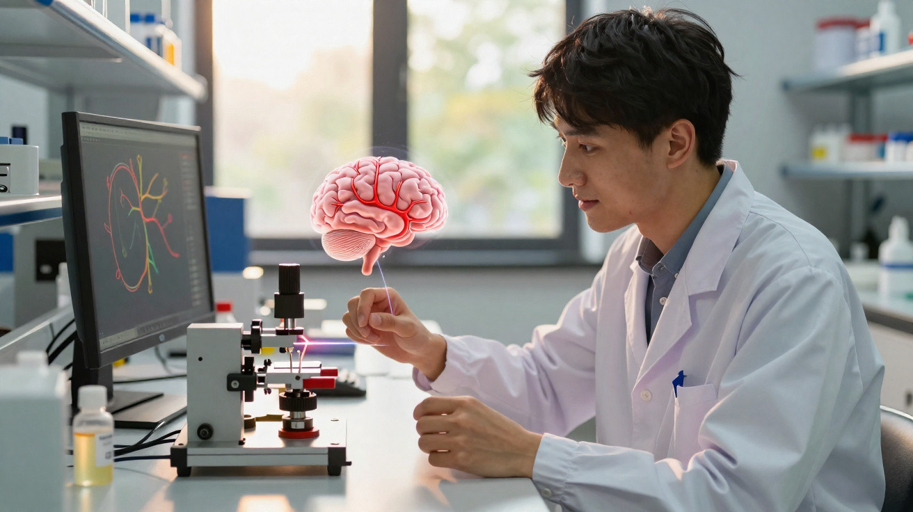 Cientista em laboratório com jaleco branco analisa modelo 3D de cérebro ao lado de microscópio e computador.