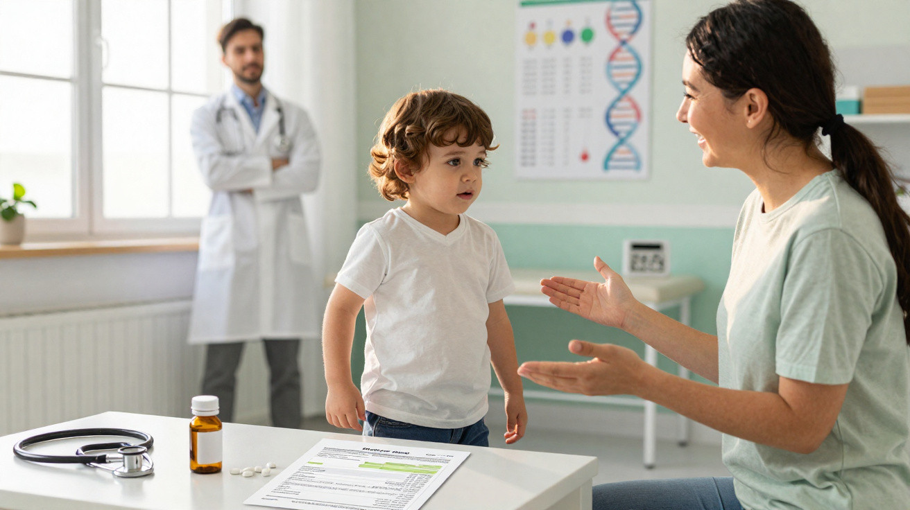 Mãe conversa com menino em consultório médico enquanto doutor observa ao fundo.