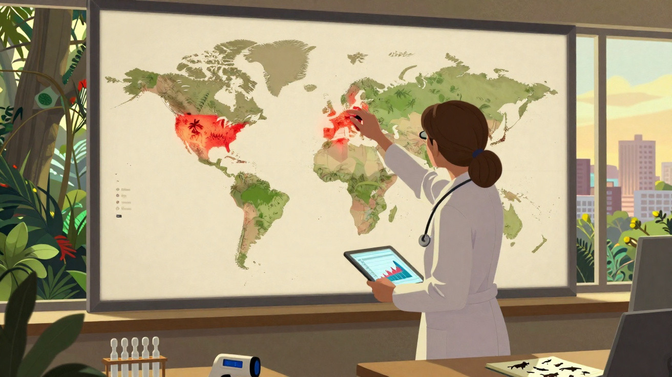Médica analisa mapa mundial com áreas em vermelho indicando surtos de doenças em escritório com plantas e equipamentos.
