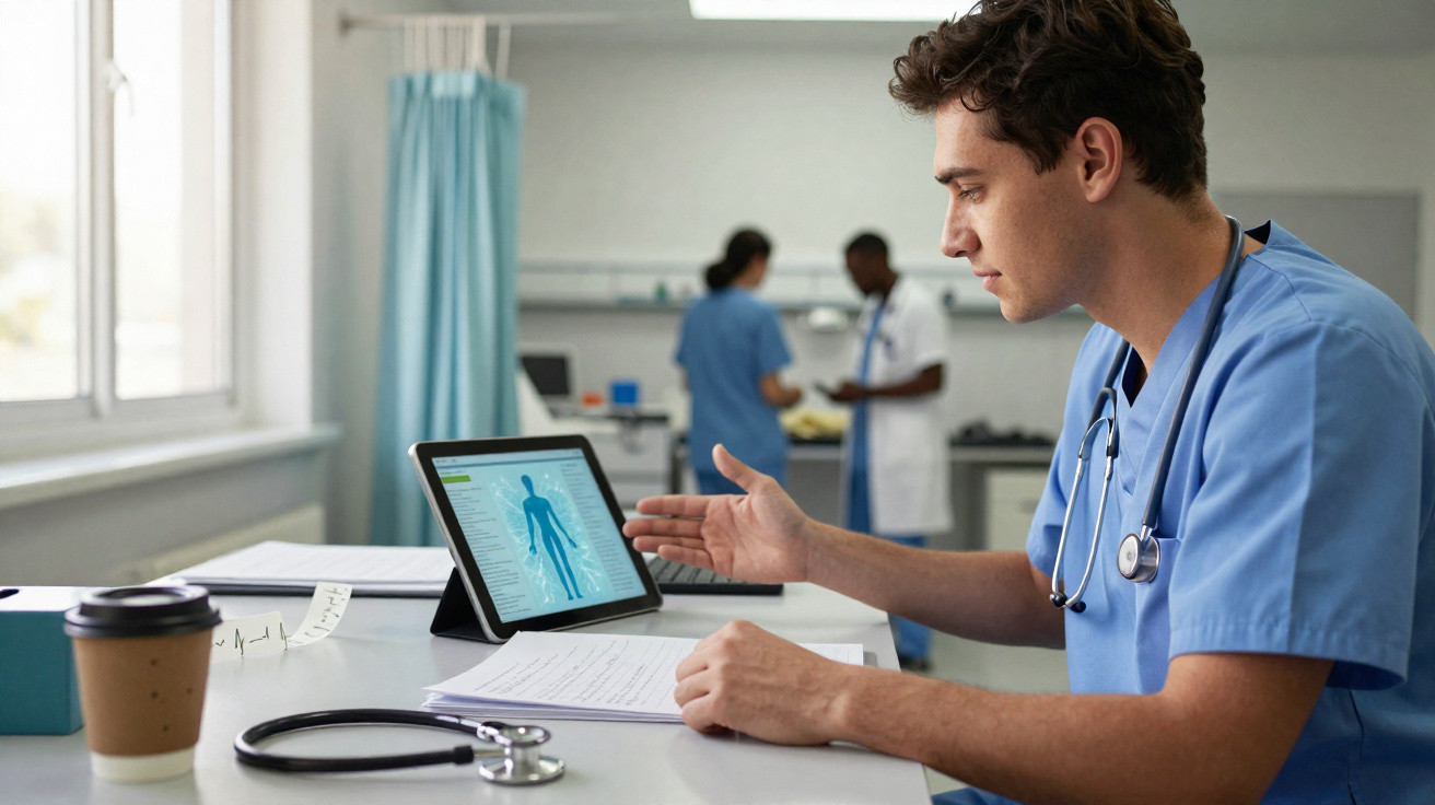 Médico usando tablet para analisar exames com estetoscópio e documentos sobre a mesa em consultório.