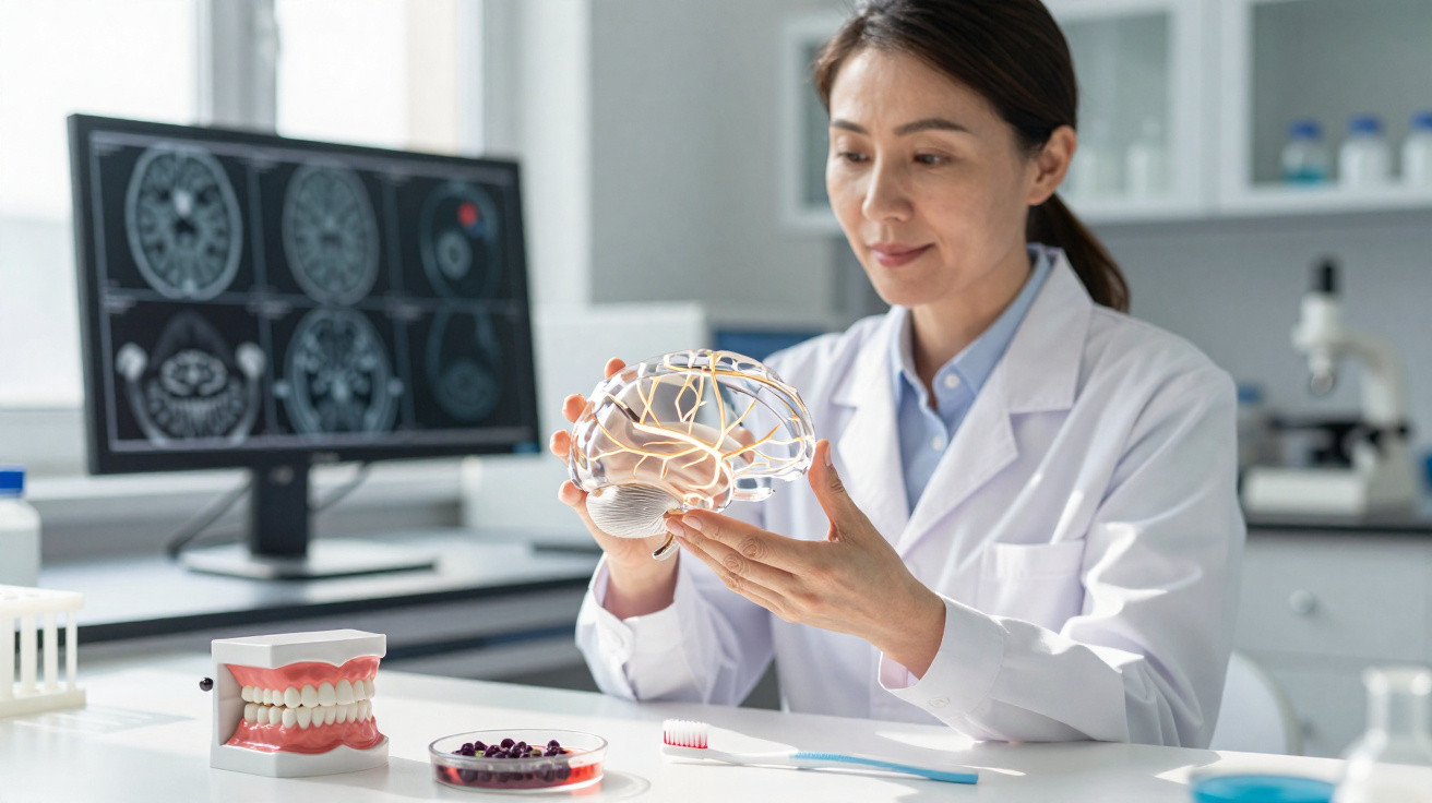 Mulher cientista em laboratório segurando modelo de cérebro com imagens cerebrais no monitor ao fundo.